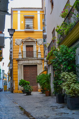 28.05.2023, Seville, Spain: Narrow streets of Seville with shops, cafes, restaurants and souvenir shops and colorful houses