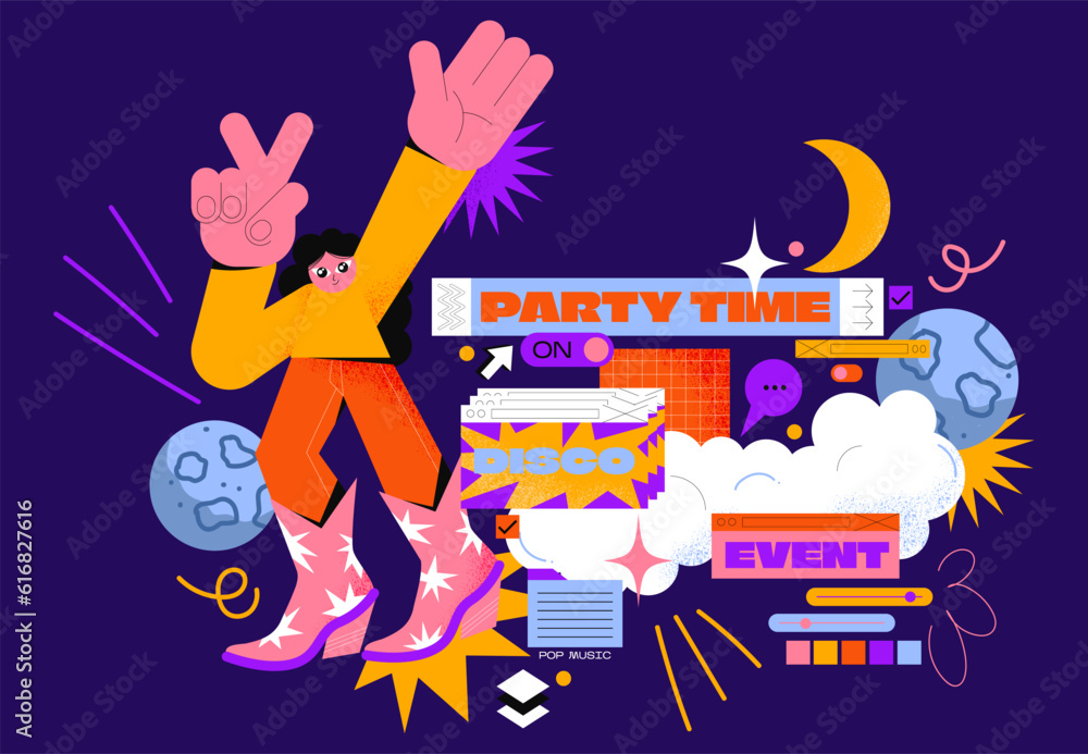 Poster disco party cartoon retro 90s frame tabs. groovy characters. memphis, funk, abstract geometric ui ux