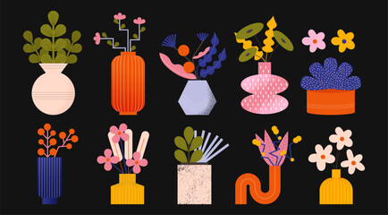 Set  geometric vases with bouquets of flowers in a trendy cartoon style with noises. Botanical elements, spring stickers with plants