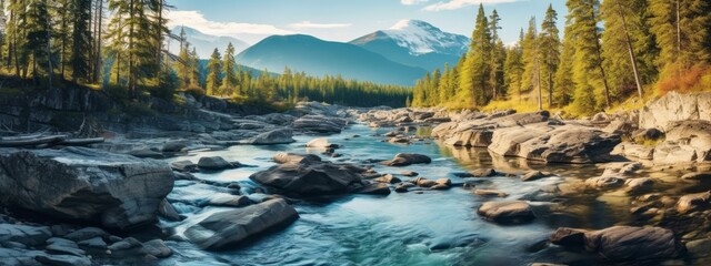 Breathtaking landscape with vibrant colors and natural elements such as mountains, forests, or waterfalls, for captivating and serene web banner. Generative AI