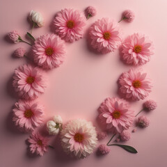 Top View Image of Pink Flowers Arranged Artfully over a Soft and Pastel Background