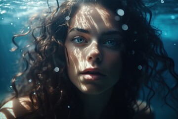 Woman with blue eyes swims underwater in the sea. Generative AI