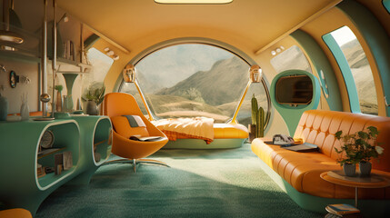A living room with a couch and a chair. Generative AI. Mid century retro futuristic pod house.