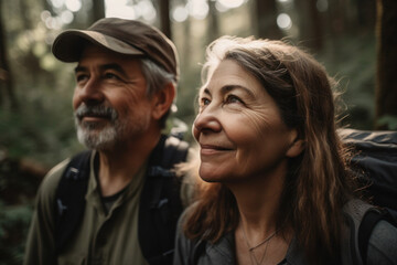 Mature couple hiking through the forest, Generative AI