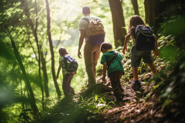 Family with children hiking through the forest, Generative AI