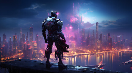 cybernetically enhanced warrior staring at a dystopian city skyline, his robotic arm holding a futuristic weapon, neon city lights reflecting off the metallic surfaces