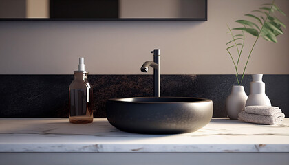 Minimalist bathroom countertop with black sink and tap, interior design AI-generated