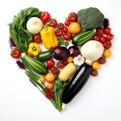 Heart shape made of different vegetables isolated on white background ,Generative AI