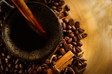 top shot cup of coffee on wood table.