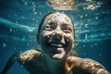 Attractive smiling woman swims underwater. Generative AI