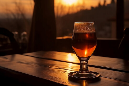 Glass of beer on table in sunset.