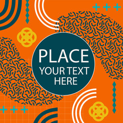 Obraz premium Abstract background square card with various geometric shapes ornaments and text space. Square wallpaper with geometric memphis style.