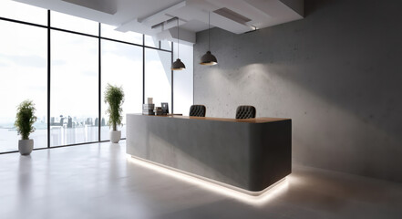 corporate branding blank wall frame mockup with modern business offices reception background - Generative AI