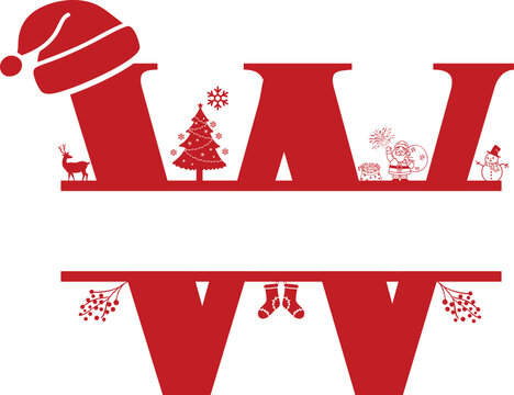 Letter W, W Christmas Monogram, Letter W Silhouette with Christmas symbols, Christmas logo, Christmas Design for Print, Screen Print T-Shirt