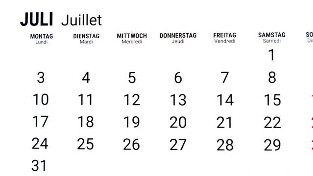 Time lapse zoom out motion of calendar month of July in german and french