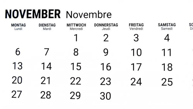 Time lapse zoom out motion of calendar month of November in german and french