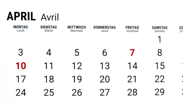 Time lapse zoom out motion of calendar month of April in german and french
