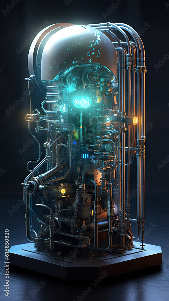 Poster a machine with a glowing green light on top of it. generative ai.