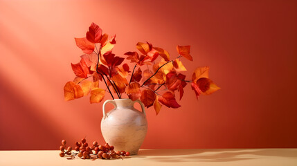Obraz na płótnie Canvas a bouquet of orange autumn leaves on a light orange delicate background with copy space, generative ai