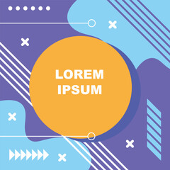 Abstract background square card with various geometric shapes ornaments and text space. Square wallpaper with geometric memphis style.