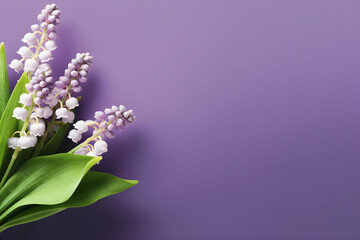 bouquet of lilies of the valley on purple background with copy space, generative ai