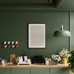 Mock up poster frame in kitchen interior and accessories with dark green wooden slatted wall background.