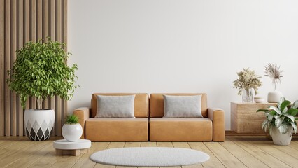 Modern living room wall mockup with leather sofa and decor on white background.