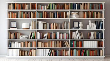 modern full wall full-length bookshelf filled with colorful paper books, smart book background, generative ai