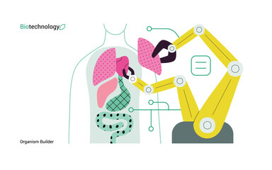 Bio Technology, Organism Builder -modern flat vector concept illustration of robot assembling organism using blocks, parts representing organ systems. Metaphor of regenerative medicine and 3D printing