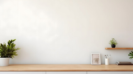 Desk at home office with supplies and wall copy space. Minimalistic workspace