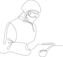 Continuous drawing of one line of doctor in specialized protective overalls and goggles. Fighting the epidemic, the consequences of the coronavirus for your minimal design. Vector illustration