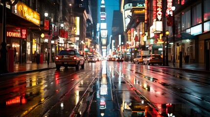Vibrant Urban Night: Illuminated City Streets in the Rain
