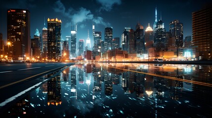 Vibrant city skyline at dusk reflected in serene waters.