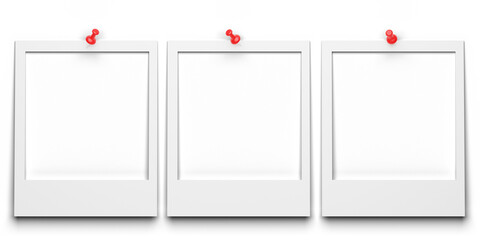 Three photo frames of different sizes, secured with a push pin. Empty photo frame for your design.