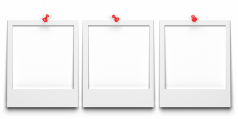 Three photo frames of different sizes, secured with a push pin. Empty photo frame for your design.