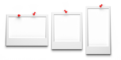 Several photo frames of different sizes, fixed with a pushpin. Empty photo frame for your design.