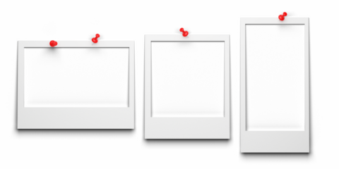 Several photo frames of different sizes, fixed with a pushpin. Empty photo frame for your design.