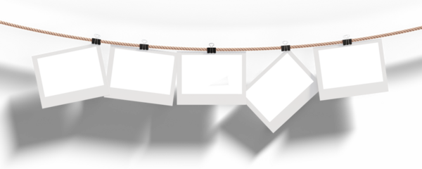 Three empty photo frames 16X9 for your design. Photo frames hang on a rope, fixed with stationery clothespins.