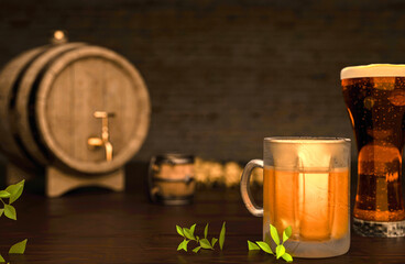 Mug and glass of ice cold light and dark foamy beer on a brick wall background with a beer barrel and defocused ancient style beer mug and ears of wheat. Craft brewery. 3d rendering