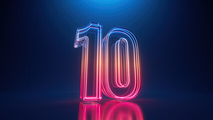 3d rendering. Neon number nine. Glowing colorful line inside the glass symbol 9 shape. Top chart - obrazy, fototapety, plakaty