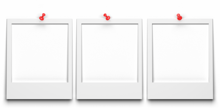Three photo frames of different sizes, secured with a push pin. Empty photo frame for your design.