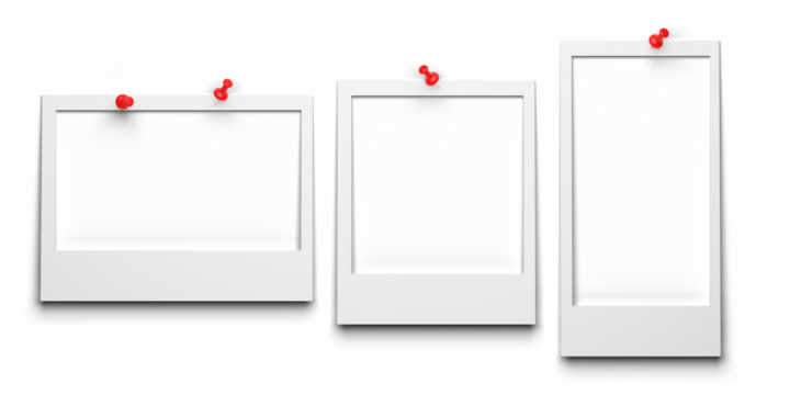 Several photo frames of different sizes, fixed with a pushpin. Empty photo frame for your design.