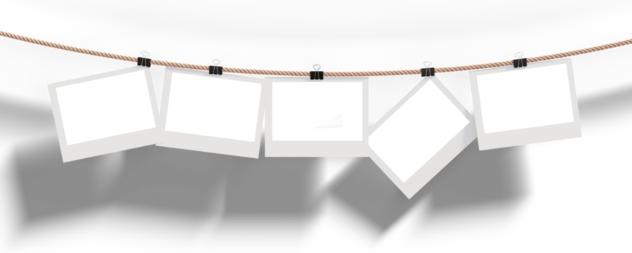 Three empty photo frames 16X9 for your design. Photo frames hang on a rope, fixed with stationery clothespins.