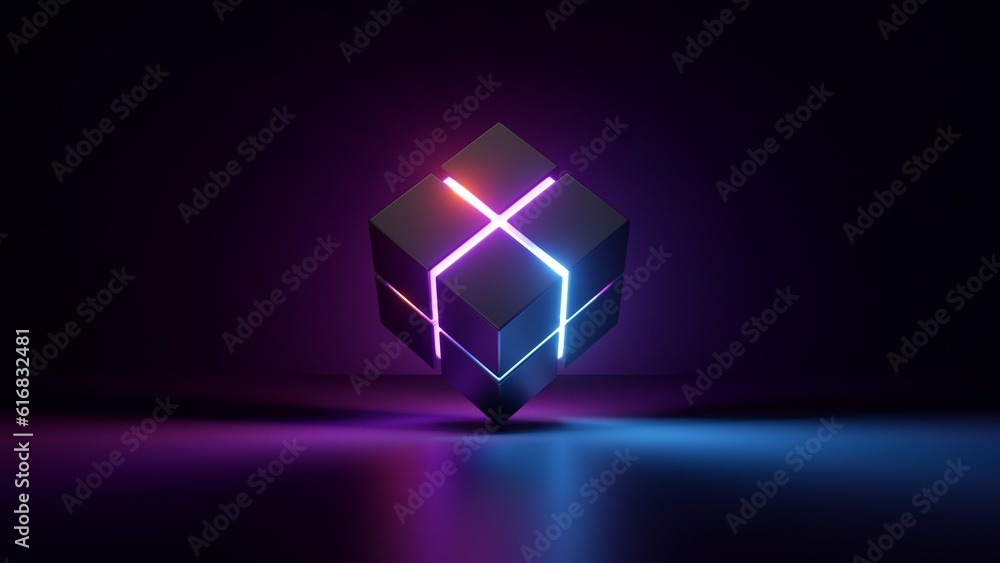 Poster 3d render, abstract background of cubic box with glowing neon lines. glowing object inside the dark 
