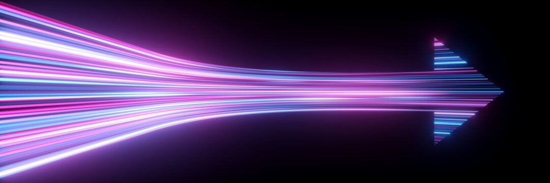 3d render, abstract minimalist geometric background. Speed concept. Colorful neon arrow shows right direction, glowing in the dark