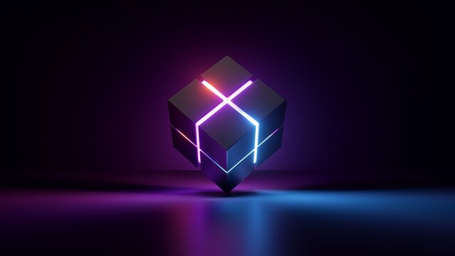 3d render, abstract background of cubic box with glowing neon lines. Glowing object inside the dark room. Virtual reality. Futuristic minimalist wallpaper