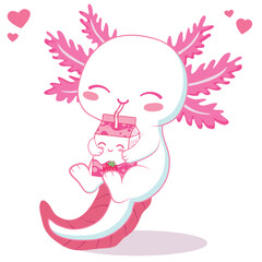 kawaii axolotl drinking strawberry milk tea cartoon vector illustration
