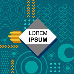 Abstract background square card with various geometric shapes ornaments and text space. Square wallpaper with geometric memphis style.