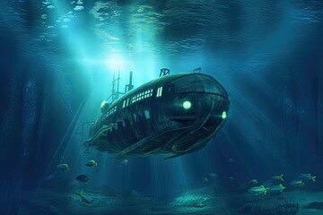 With its robust hull and advanced navigation systems, the touristic submarine explores uncharted territories,revealing fascinating marine life and uncovering hidden underwater shipwrecks. AI-generate