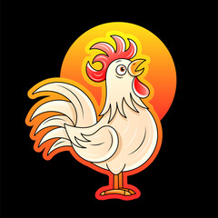 stock vector silhouette crowing rooster in the grassland with yellow sunset. countryside living concept illustration